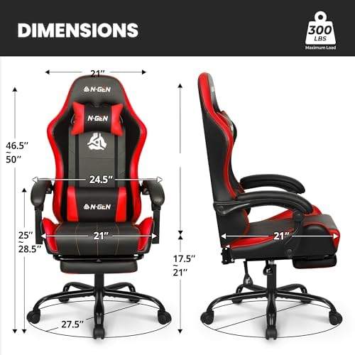 N-GEN GAMING Gaming Chair with Footrest, Lumbar, High-Back, Red Black - Image 3