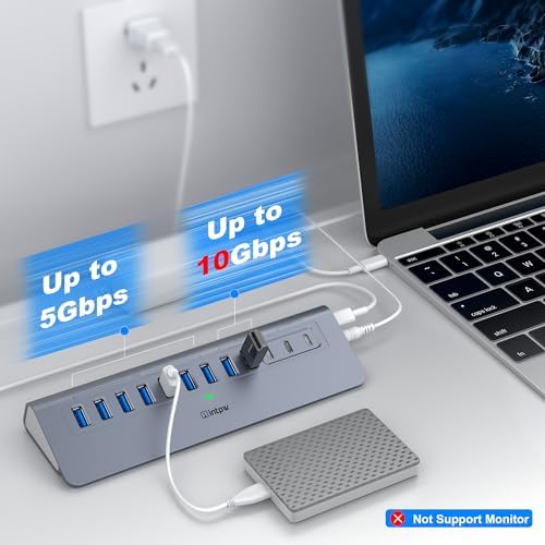 Powered USB Hub 10Gbps, intpw YH9AC 12-Port USB Splitter with USB A/USB C 3.2, 7 USB 3.0, 2 PD 45W Charging Ports, 65W Power Adapter + 3.3FT Cable, Aluminum USB Extender Hub for Laptop/PC/iPhone 16/15 - Image 3