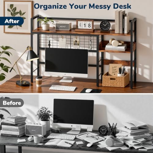 Desk Shelf, 44.9" Desk Hutch with Pegboard Hooks Set, Rustic Brown - Image 6