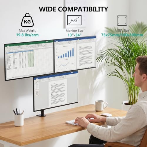 WALI Stacked Triple Monitor Mount for 13-34 inch Screens, 19.8 lbs per Arm - Image 2