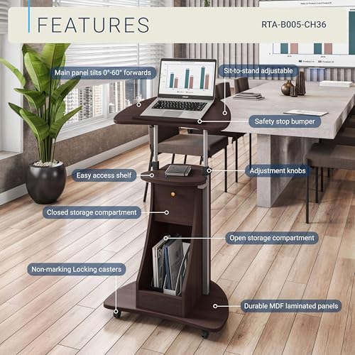 Techni Mobili Sit-to-Stand Rolling Adjustable Storage Medical Laptop Computer Cart, Chocolate, B005 - Image 4