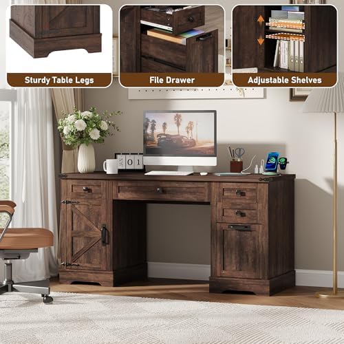 Squireewo 58'' Farmhouse Home Office Desk with Drawers, Wooden Executive Desk with Charging Station, File Drawers and Storage Cabinet, Computer Desk for Work, Study and Writing, Brown - Image 6
