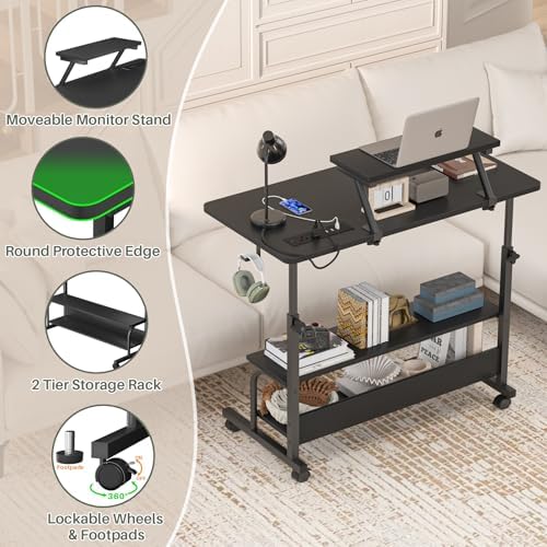 Height Adjustable Standing Desk with Power Outlets and LED Lights - 32" Manual Stand Up Desk with Monitor Stand and Storage Shelves Small Mobile Rolling Computer Desk Portable Laptop Table, Black - Image 6