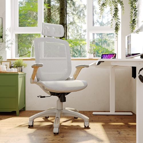 GABRYLLY Ergonomic Office Chair, High Back Home Desk Chair with Flip-Up Arms, Headrest, 90-120° Tilt and Wide Cushion, 300LBS White Mesh Chair for Work Gaming Study (GY01-NT, Woodgrain Pattern) - Image 2