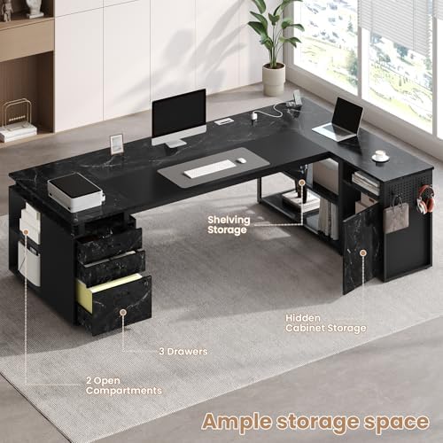 78" Executive Desk with Lockable File Cabinet, L Shaped Office Desk with Power Outlets, Large Executive Desk with Drawers and Storage Shelves, Reversible Computer Desk, Marble Grain - Image 4