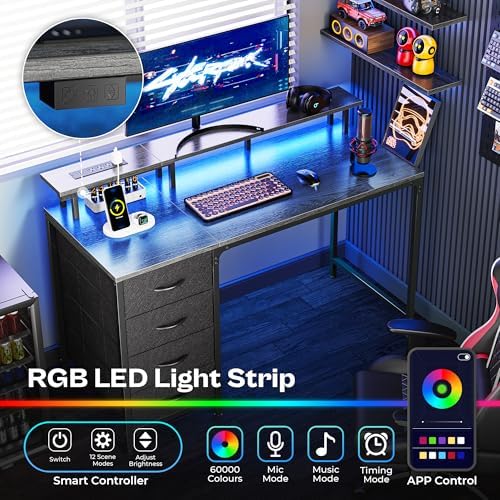 Huuger 47 Inch Computer Desk with Power Outlets and LED Lights, Gaming Desk with 4 Drawers, Office Desk with Monitor Stand, Study Desk Work Desk for Home Office, Small Spaces, Gray - Image 3