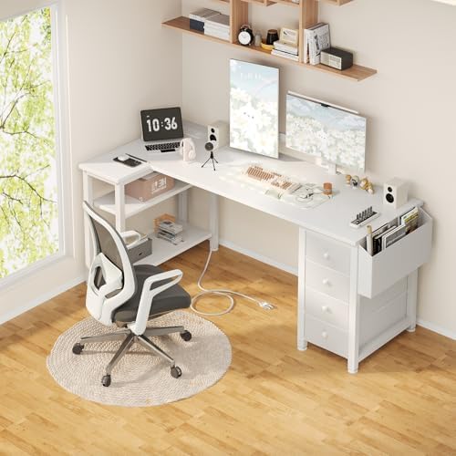 Lufeiya White L Shaped Desk with Drawers & Storage Shelves, 55 Inch Corner Computer Desk with Power Outlet for Home Office Bedroom, L-Shaped Teen PC Desks with Fabric Drawer, White - Image 2