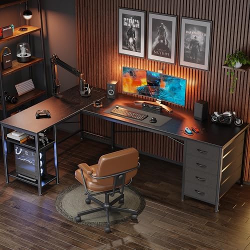 Huuger 63 Inch L Shaped Desk with Fabric Drawers, Reversible Computer Gaming Desk with Power Outlets and USB-C Port, Adjustable Side Storage Shelves, for Work Study Corner Home Office, Black - Image 4