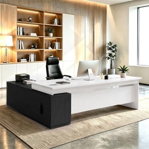 L Shaped Executive Desk with Drawers, Large Wood Workstation, Modern Executive Office Furniture for Home Office and Business Workspace, Multiple Sizes & Colors by Unknown