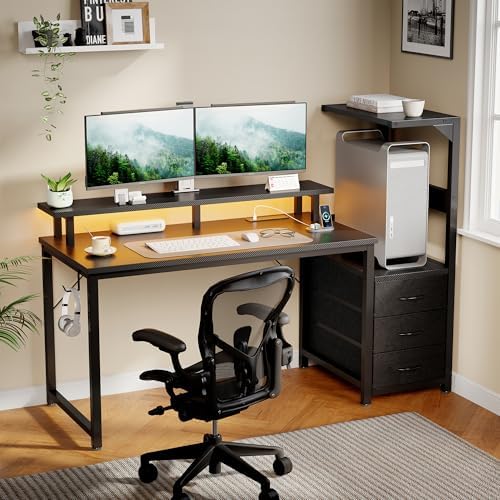 52" Reversible Gaming Desk with LED Lights Power Outlets, Black by HAPPYMONTLLC