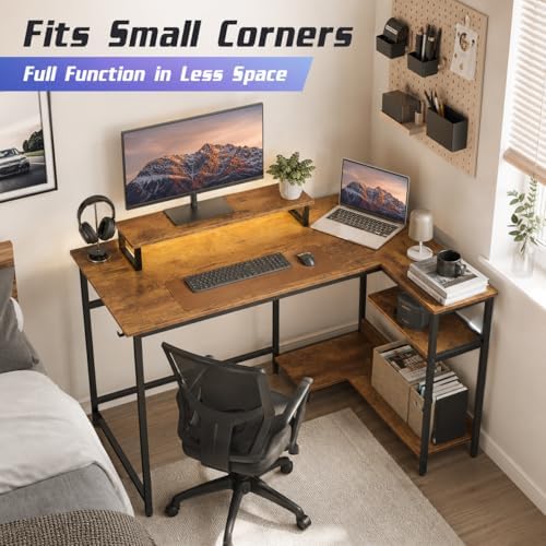 DEVAISE Compact 43 Inch L Shaped Gaming Desk with LED Lights, Rustic Brown - Image 3
