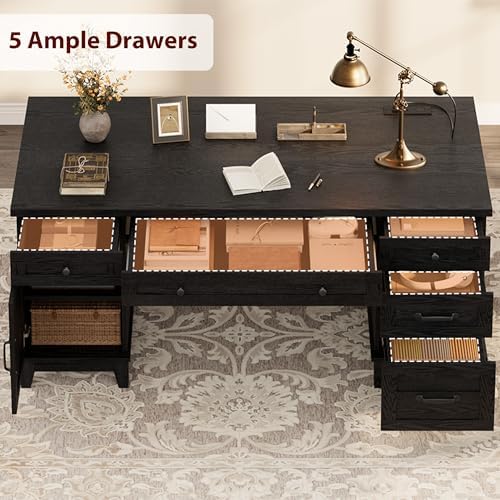 GarveeHome Farmhouse Executive Desk with File Drawers, 60 in Home Office Desk with Charging Station, Wooden Computer Desk with Cabinet Storage for Work Study Writing, Rustic Black - Image 5
