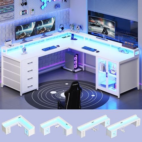 SEDETA L Shaped Gaming Desk with 4 Drawers, 109” Computer Desk with Display Cabinet, Home Office Desks with 2 Monitor Stands, CPU Stand, LED Lights and Power Outlet, White by SEDETA