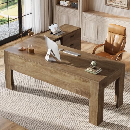 Tribesigns 63" L Shaped Desk with File Cabinet, Large Executive Office Desk with Rolling Filing Cabinet, Long Computer Table with Drawers and Shelves, Business Furniture Set for Home Office, Brown by Tribesigns