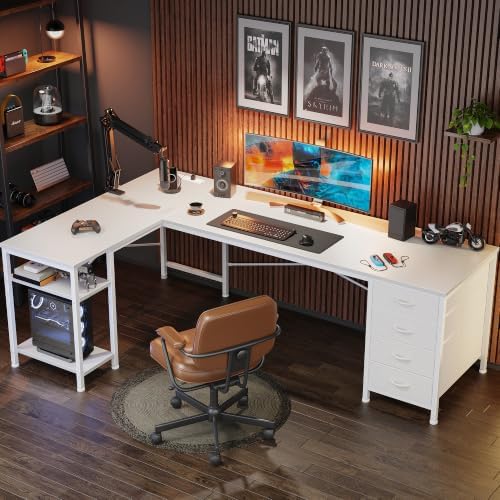 Huuger 63 Inch L Shaped Desk with Fabric Drawers, Reversible Computer Gaming Desk with Power Outlets and USB-C Port, Adjustable Side Storage Shelves, for Work Study Corner Home Office, White - Image 4