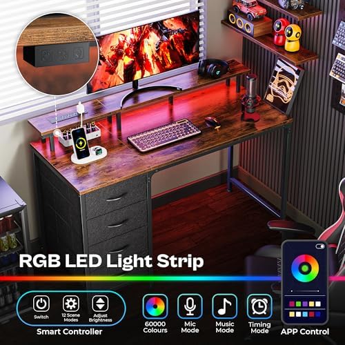 Huuger 47 Inch Computer Desk with Power Outlets and LED Lights, Gaming Desk with 4 Drawers, Office Desk with Monitor Stand, Study Work for Home Office, Small Spaces, Rustic Brown - Image 3