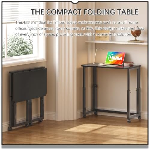 4NM No Tool Assembly 27.5" Small Desk, Folding Portable Desk with Wheels, Adjustable Height Foldable Computer Home Office Desks, Collapsible Study Writing Table for Space Saving Bedroom - All Black - Image 3