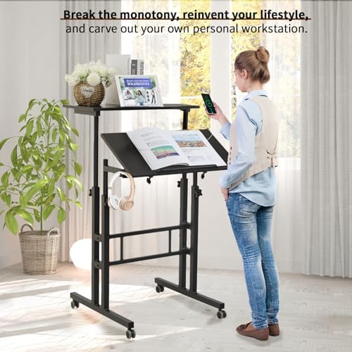 Hadulcet Mobile Standing Desk with Charging Station, Adjustable Standing Computer Desk, Standing Adjustable Laptop Cart with Wheels for Home Office Classroom Black - Image 3