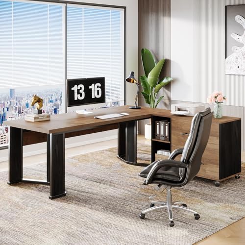 Tribesigns 70.86" Executive Desk with Mobile File Cabinet, Large L Shaped Computer Office Desk with 2 Drawers and Storage Shelves, Business Furniture Desk Workstation for Home Office (Light Brown) - Image 3
