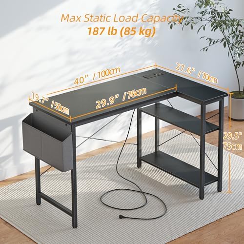TIQLAB Gaming Desk with Power Outlets - 40 inch L Shaped Computer Desk, Reversible Design Small Corner Desk, Bookshelf Workstation for Work Study Play Home Office, Black - Image 3