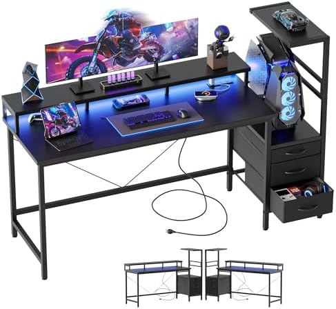 Mericonia 52 inch Gaming Desk with Drawers, Reversible Computer Desk, Black by MERICONIA