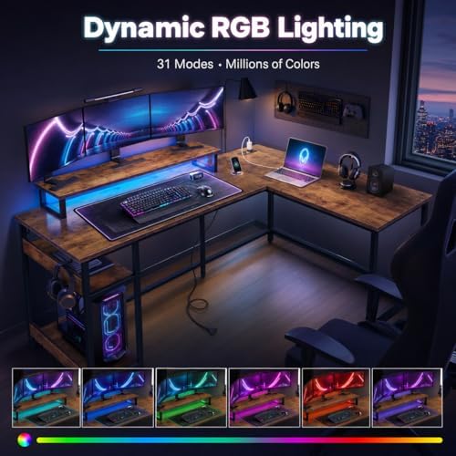 DEVAISE 60 Inch L Shaped Gaming Desk with LED Lights, Rustic Brown - Image 5