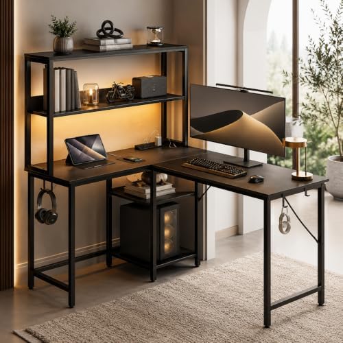 HealSmart L Shaped Desk Gaming Desk with LED Light & Power Outlet, 43 Inch Reversible Computer Table with Shelf & Storage Shelves & Hook, Corner Desk for Home Office, Black by HealSmart