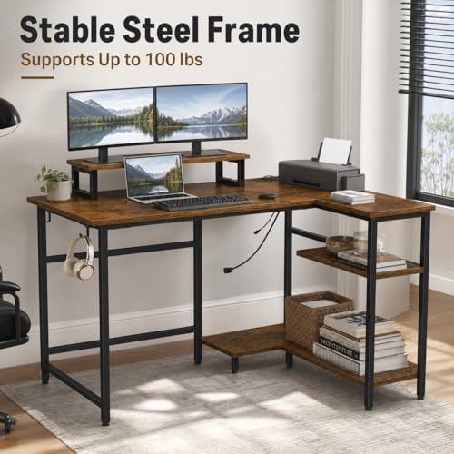 DEVAISE Compact 43 Inch L Shaped Gaming Desk with LED Lights, Rustic Brown - Image 4