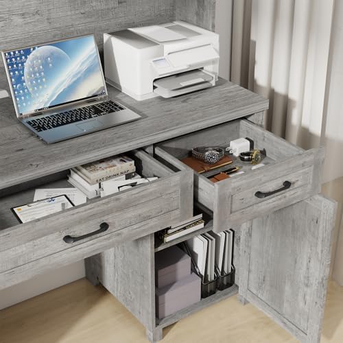 Vabches Farmhouse 67" H Executive Desk with Hutch & 5 Drawers,Grey - Image 5