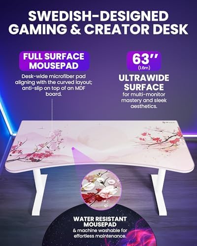 Arozzi Arena Special Edition Ultrawide Curved Gaming and Office Desk with Full Surface Water Resistant Desk Mat Custom Monitor Mount Cable Management Cut Outs - Sakura - Image 4
