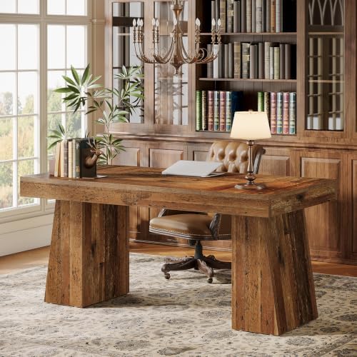 Tribesigns 55" Executive Desk, Wooden Office Desk with Double Pedestal, Modern Simple Computer Writing Table for Home Office, Mix Brown - Image 4