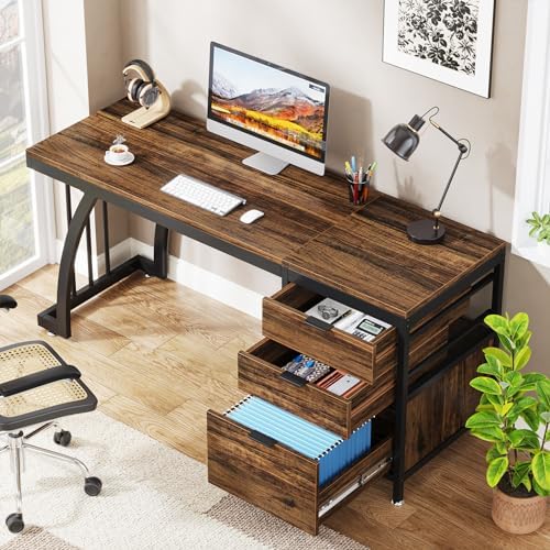 Tribesigns Computer Desk with 3 Drawers, 59-Inch PC Desk with Reversible Drawers, Industrial Study Writing Table Workstation with File Storage for Home Office, Rustic Brown - Image 4