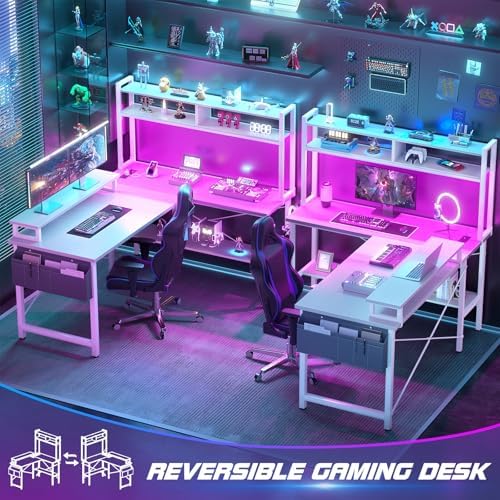 Aheaplus L Shaped Gaming Desk with Power Outlets & LED Lights, White - Image 7