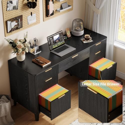 55.1" Fluted Executive Desk with Drawers, Wood Computer Desk with Storage Cabinet, Home Office Desk with Charging Station, Farmhouse Desk with File Cabinet for Office Home - Image 5