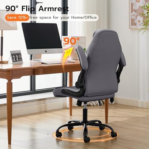 Ylzyxal Office Desk Chair, Ergonomic Computer Chair with Padded Flip-Up Arms and Adjustable Lumbar Support, PU Leather Executive Chair with Tilt Lock and 360° Swivel Rolling Wheels for Work, Study - Image 6