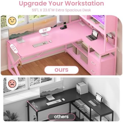 SEDETA L Shaped Gaming Desk with Storage Shelves, 2 Drawer, LED Light - Image 4