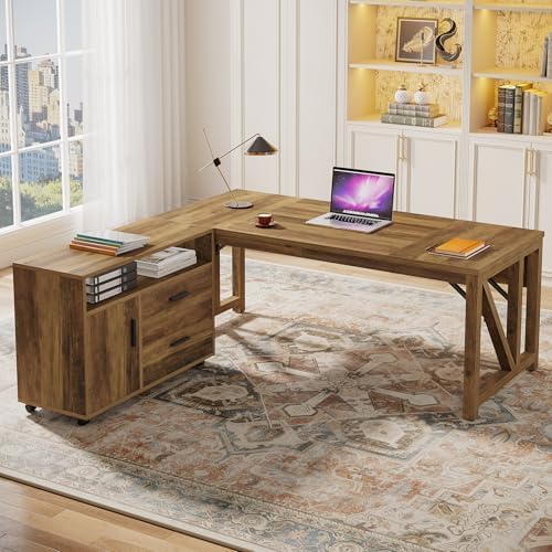 Tribesigns 63" L Shaped Executive Desk & 39" File Cabinet Set, Corner Computer Desk with Ample Storage, Large Industrial Retro Office Desk with Drawers & Shelves, for Home & Business, Rustic Brown - Image 3