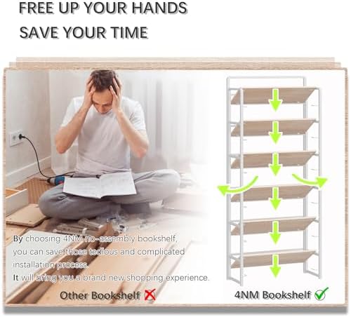 4NM No Assembly 6 Tier Folding Bookshelf Tall Storage Shelves Vintage Bookcase Standing Racks Study Organizer Home Office - Image 7