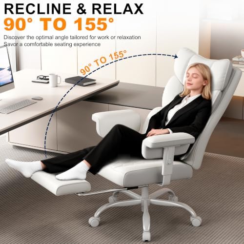 Misolant Big and Tall Office Chair with Footrest, High Back Executive Desk Chair with Adjustable Lift Armrest, 155°Recline，Lumbar Support Pillow, Faux Leather Gaming Chairs for Home All White - Image 3
