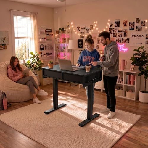 KLUVIS Black Sit Stand Desk with Drawers, 32 Inch Electric Standing Desk with Storage, Small Space Stand Up Computer Desks for Home Office Bedroom, Study Writing Desks for Walking Pad - Image 7