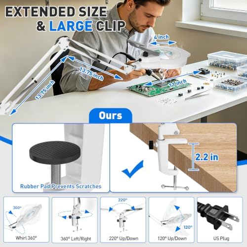 KIRKAS LED Magnifying Lamp with Clamp, 2,200 Lumens Dimmable 28in 12X 30X - Image 5