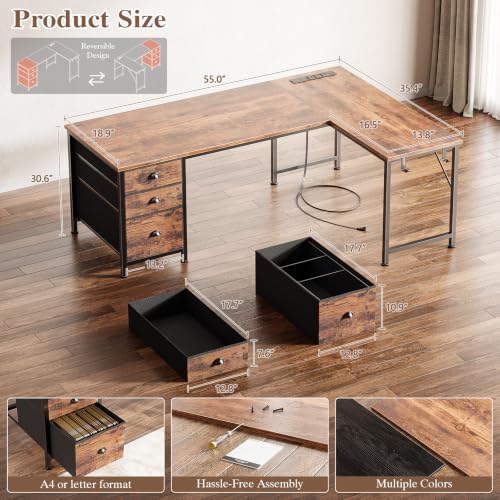 Furologee 55" L Shaped Desk with Power Outlets & USB-C Port, Reversible Corner Office Desk with File Drawers, Work Study Gaming Table for Home Office, Dorm, Rustic Brown - Image 3