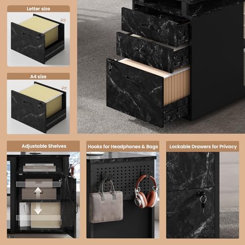78" Executive Desk with Lockable File Cabinet, L Shaped Office Desk with Power Outlets, Large Executive Desk with Drawers and Storage Shelves, Reversible Computer Desk, Marble Grain - Image 3