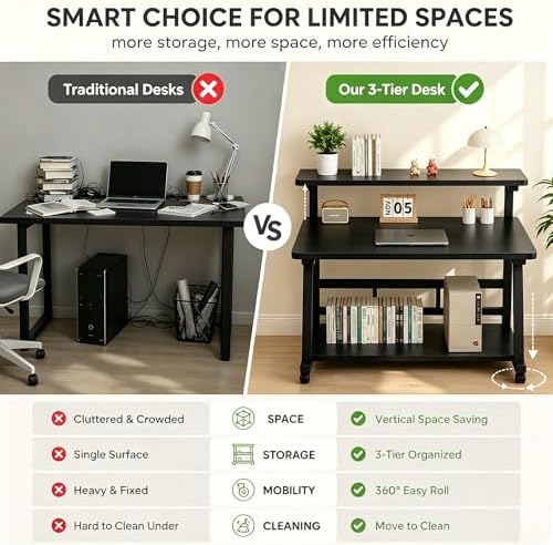 47.2 Inch Compact Rolling Computer Desk with Tier Worktable & Lockable Wheels, Small Computer Desk, Small Desk for Bedroom, Mobile Writing Workstation Easy Assembly for Home Office Small Spaces - Image 4