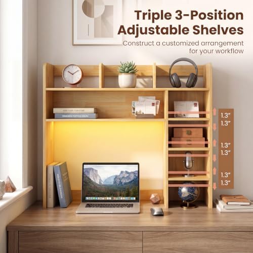 LDAILY Desktop Bookshelf with LED Lights, 35.5’’ Wooden Desk Shelf with 8 Cubes & 3 Adjustable Storage Shelves, 5-Tier Desk Hutch for Dorm College Office Computer Monitor Up to 25’’(Burlywood) - Image 7