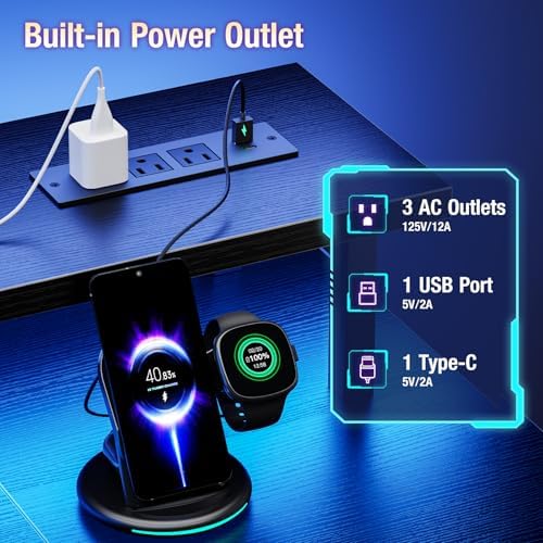 DUMOS 47” Gaming Desk with USB Charging Ports & LED Lights, Black - Image 4