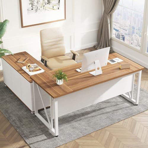 Tribesigns 63-Inch Executive Computer Desk with 47-Inch Lateral File Cabinet, Large Workstation Business Furniture, L Shaped Desk with Drawers and Storage Shelves for Home Office, Walnut & White by Tribesigns