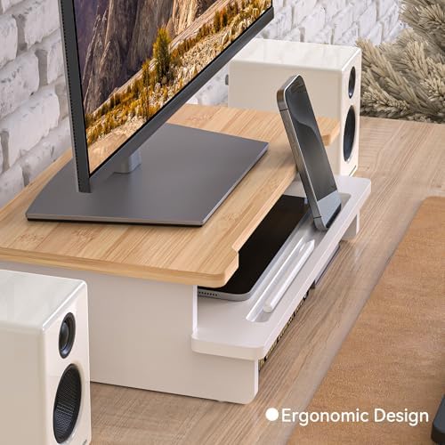 16.5” Bamboo Monitor Stand with Phone & Tablet Holder Desk Shelf - Image 3