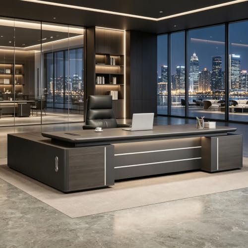 L Shaped Executive Desk with Drawers & Storage, Modern Wood Executive Office Desk Computer Table for Home Office Furniture Setup, Management Workstation for Workplace or Office(A-Right, L300CM/118IN) by Unknown
