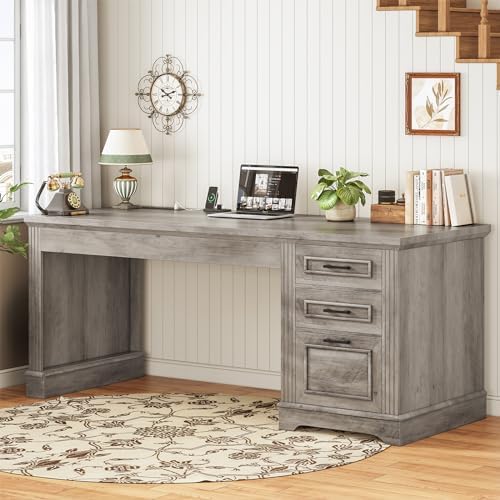 SEDETA Executive Office Desk with 3 Drawers, Farmhouse 55" Computer Desk with Storage File Drawers & Power Outlet for Home Office, Grey - Image 3